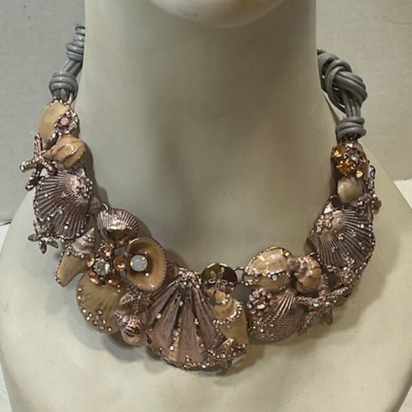 Beach Rose Gold Tone Ocean Shells Starfish Rhinestones Necklace Choker 18" - Picture 2 of 15